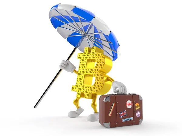Caráter Bitcoin Com Mala Isolada Fundo Branco Ilustração — Fotografia de Stock