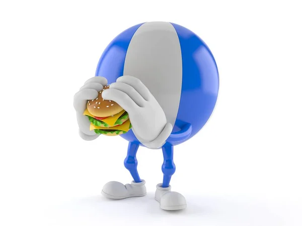 Karakter Bola Pantai Makan Hamburger Terisolasi Dengan Latar Belakang Putih — Stok Foto