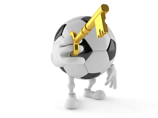 白い背景に隔離されたドアキーを保持するサッカーボール文字 3Dイラスト — ストック写真