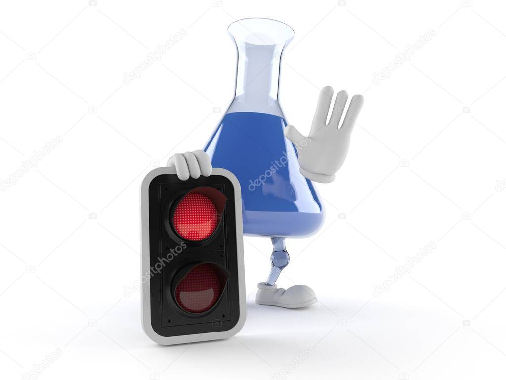 Chemistry flask character with red light isolated on white background. 3d illustration