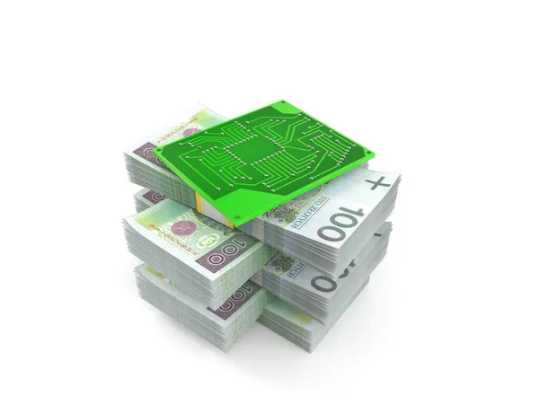 电路板上的钱堆积如山 背景是白色的 3D说明 — 图库照片