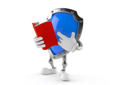 Koruyucu kalkan karakteri beyaz arka planda izole edilmiş bir kitap okuyor. 3d illüstrasyon