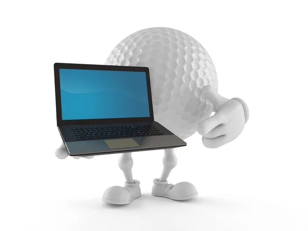 Personagem Bola Golfe Segurando Laptop Isolado Fundo Branco Ilustração — Fotografia de Stock