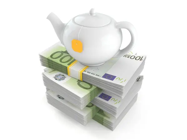 Teekanne Auf Einem Stapel Geld Isoliert Auf Weißem Hintergrund Illustration — Stockfoto