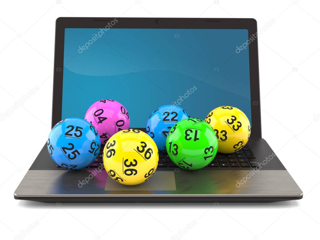 Lottery balls with laptop isolated on white background. 3d illustration