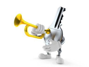 Kapı anahtarı karakteri beyaz arka planda izole trompet çalıyor. 3d illüstrasyon