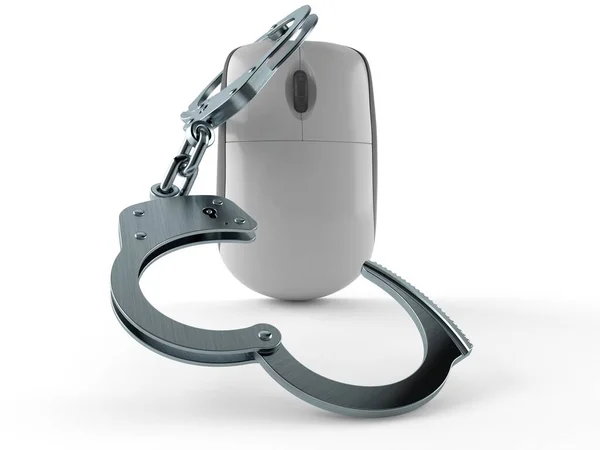 白い背景に隔離された手錠を持つコンピュータのマウス 3Dイラスト — ストック写真