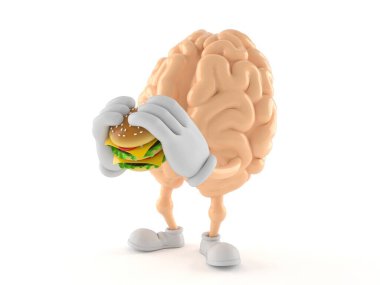 Beyaz arka planda izole edilmiş hamburger yiyen beyin karakteri. 3d illüstrasyon