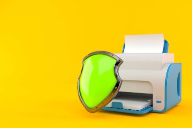 Koruyucu kalkanlı yazıcı turuncu arka planda izole edilmiş. 3d illüstrasyon