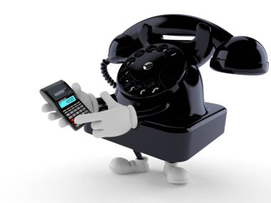Beyaz arkaplanda izole edilmiş hesap makinesi kullanan telefon karakteri. 3d illüstrasyon
