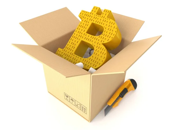 Bitcoin Símbolo Dentro Caixa Papelão Isolado Fundo Branco Ilustração — Fotografia de Stock