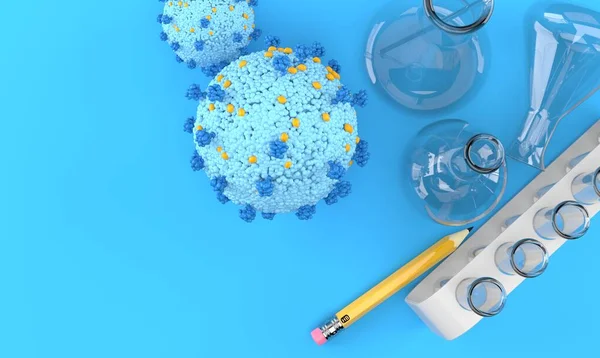 Virus Con Frasco Químico Sobre Fondo Azul Ilustración — Foto de Stock