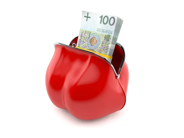 Polish currency inside red purse isolated on white background. 3d illustration