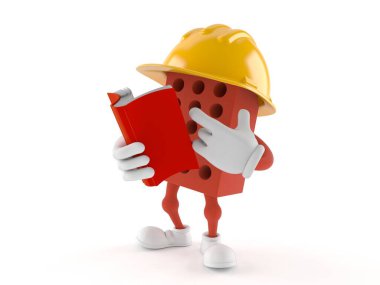 Brick karakteri beyaz arka planda izole edilmiş bir kitap okuyor. 3d illüstrasyon