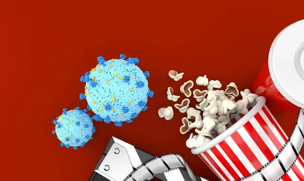 带有爆米花和红色背景胶卷的病毒 3D说明 — 图库照片