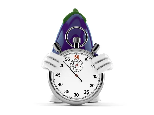Aubergine Karakter Met Stopwatch Geïsoleerd Witte Achtergrond Illustratie — Stockfoto