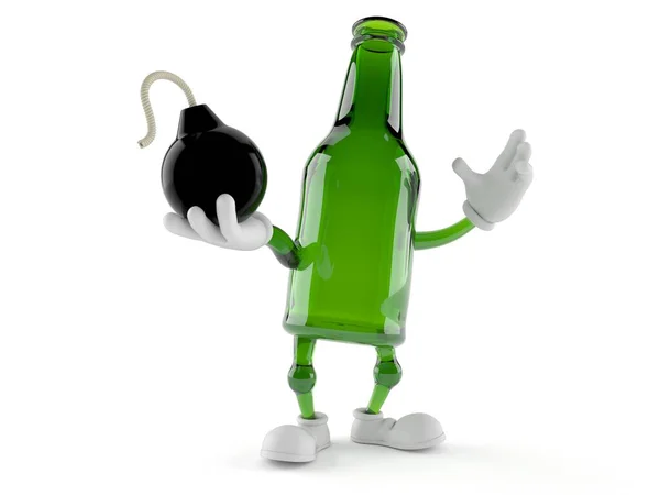 Personagem Garrafa Vidro Verde Segurando Bomba Isolada Fundo Branco Ilustração — Fotografia de Stock