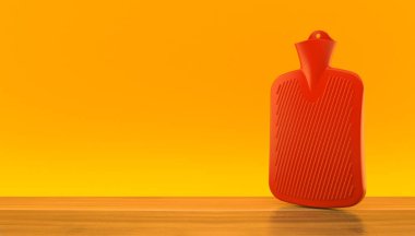 Turuncu arka planda sıcak su şişesi. 3d illüstrasyon