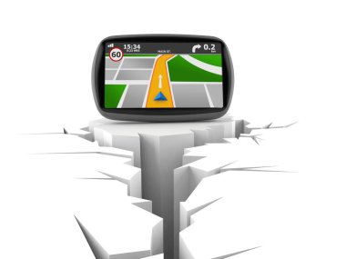 Çatlamış bir deliği olan GPS navigasyonu beyaz arka planda izole edilmiş. 3d illüstrasyon