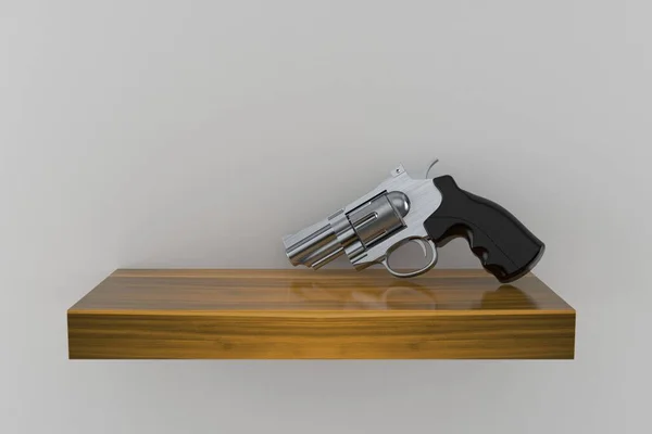 灰色の背景に隔離された木製の棚の上の銃 3Dイラスト — ストック写真