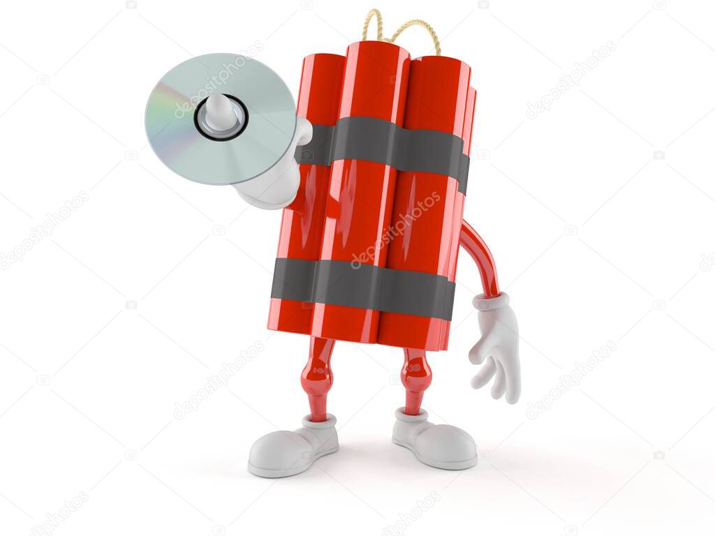 Dynamite character holding cd disc isolated on white background. 3d illustration