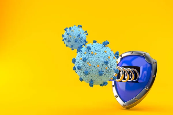 Virus with shield isolated on orange background. 3d illustration