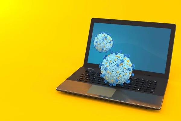 Virus Met Laptop Geïsoleerd Oranje Achtergrond Illustratie — Stockfoto
