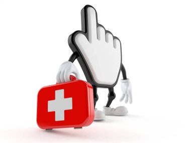 Beyaz arkaplanda izole edilmiş ilk yardım çantası tutan imleç karakteri. 3d illüstrasyon