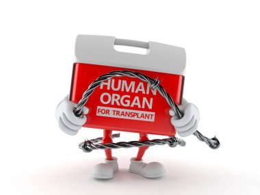 Dikenli tel tutan nakil kutusu karakteri beyaz arka planda izole edilmiş. 3d illüstrasyon