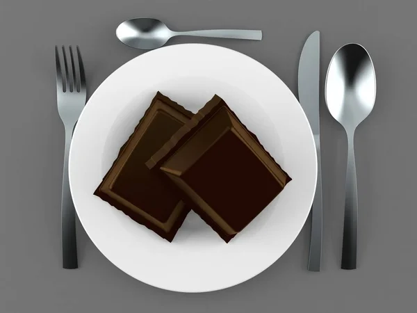 プレートとカトラリー付きチョコレート — ストック写真