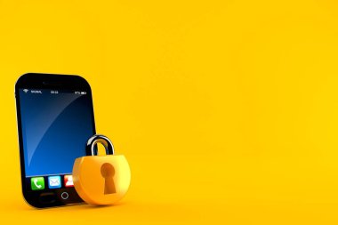Turuncu arka planda asma kilitli akıllı telefon. 3d illüstrasyon