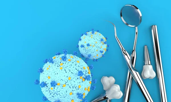 Mavi Arka Planda Diş Implantları Diş Aletleri Olan Virüs Illüstrasyon — Stok fotoğraf