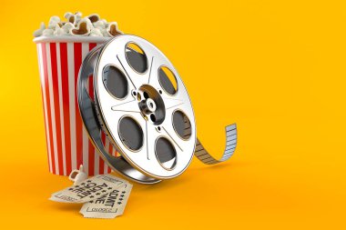 Patlamış mısırlı film makarası turuncu arka planda. 3d illüstrasyon