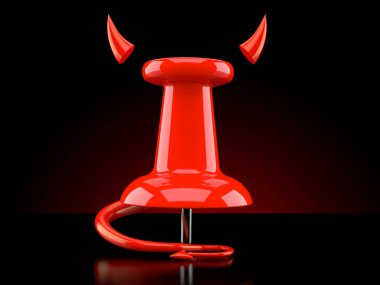 Siyah arka planda şeytan boynuzları ve kuyruğu olan raptiye. 3d illüstrasyon