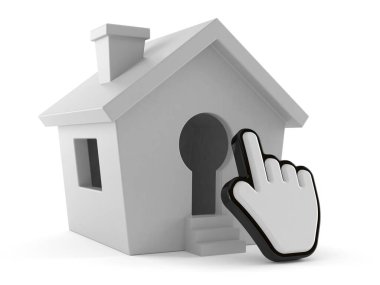 Beyaz arka planda web imleci olan küçük bir ev. 3d illüstrasyon