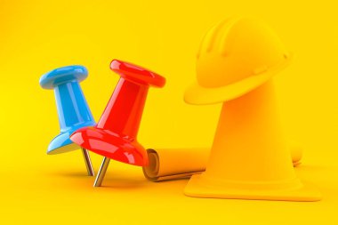 İnşaat arka planında, raptiyeler turuncu renkte. 3d illüstrasyon