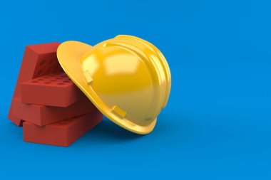 Mavi arka planda izole edilmiş tuğlalı sert şapka. 3d illüstrasyon