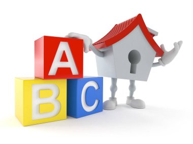 Beyaz arka planda izole edilmiş oyuncak blokları olan ev karakteri. 3d illüstrasyon