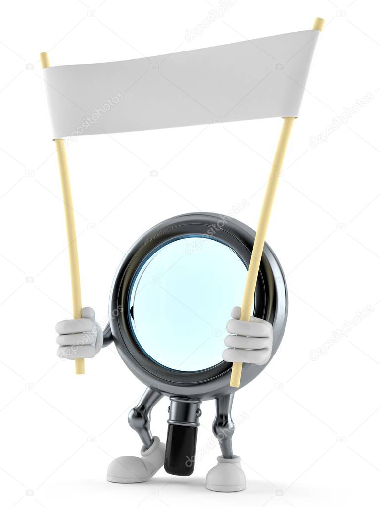 Magnifying glass character holding blank banner isolated on white background. 3d illustration