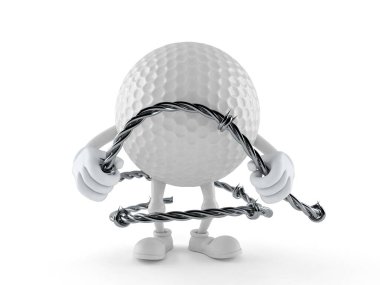 Beyaz arka planda dikenli tel tutan golf topu karakteri. 3d illüstrasyon