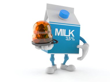 Beyaz arka planda acil durum sirenini tutan süt kutusu karakteri. 3d illüstrasyon