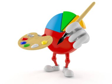 Beyaz arka planda boya fırçası ve boya paleti tutan pasta çizelgesi karakteri. 3d illüstrasyon