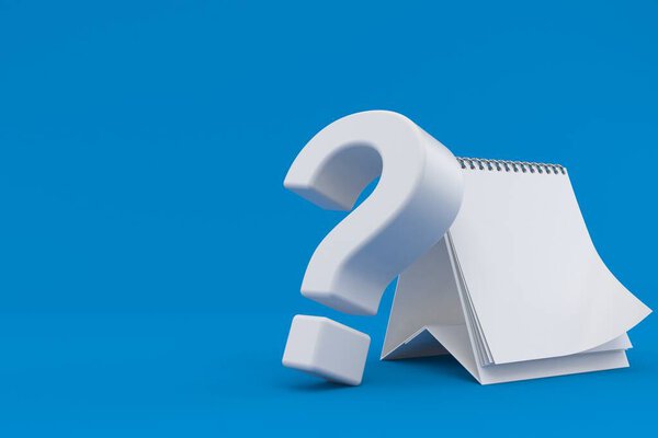 Знак вопроса с пустым календарем изолирован на синем фоне. 3d иллюстрация
