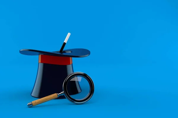 青い背景に隔離された虫眼鏡と魔法の帽子 3Dイラスト — ストック写真