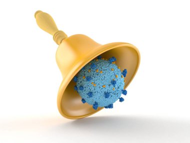 Beyaz arka planda el çanı olan virüs. 3d illüstrasyon
