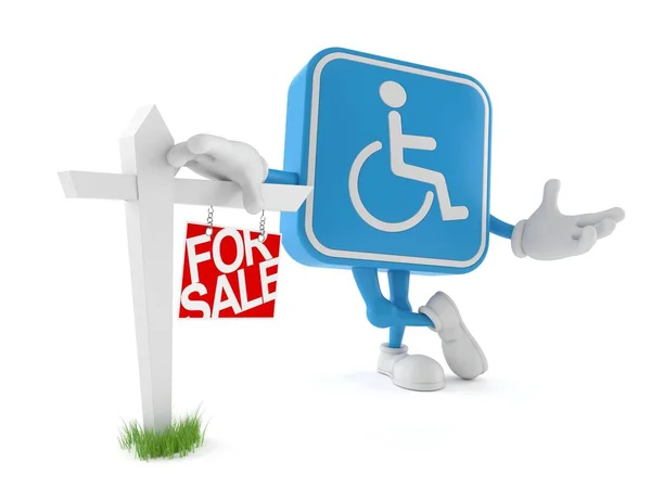 Personaje Discapacitado Con Signo Bienes Raíces Aislado Sobre Fondo Blanco — Foto de Stock