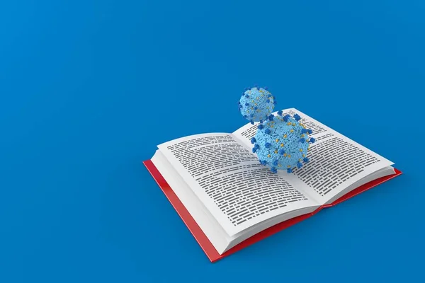 Virus Auf Offenem Buch Isoliert Auf Blauem Hintergrund Illustration — Stockfoto