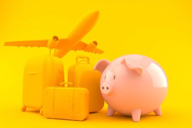 Turuncu renkli kumbarayla seyahat et. 3d illüstrasyon