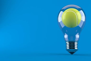 Ampulün içindeki tenis topu mavi arka planda izole edilmiş. 3d illüstrasyon