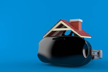 Mavi arka planda çatısı izole edilmiş VR kulaklık. 3d illüstrasyon